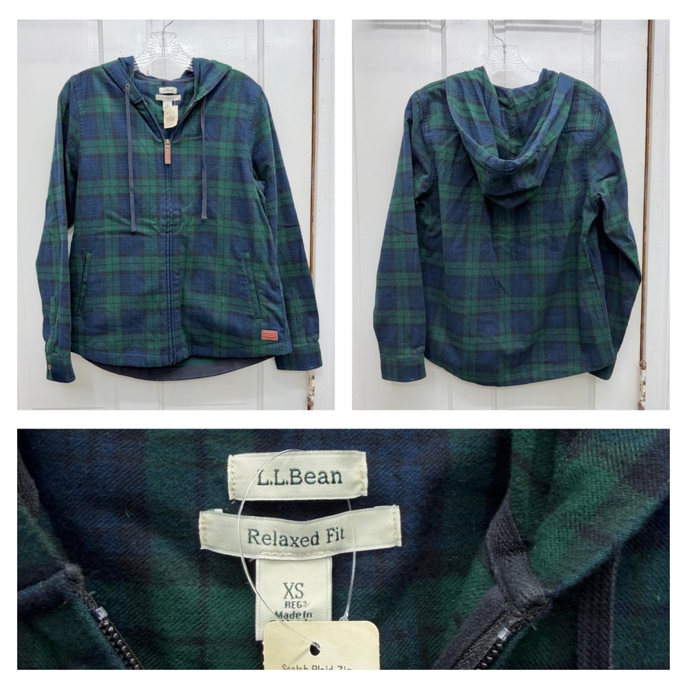 NWT L.L. Bean Scotch Tartan Plaid Flannel‎ Zip Hoodie Jacket Women's XS Relaxed
